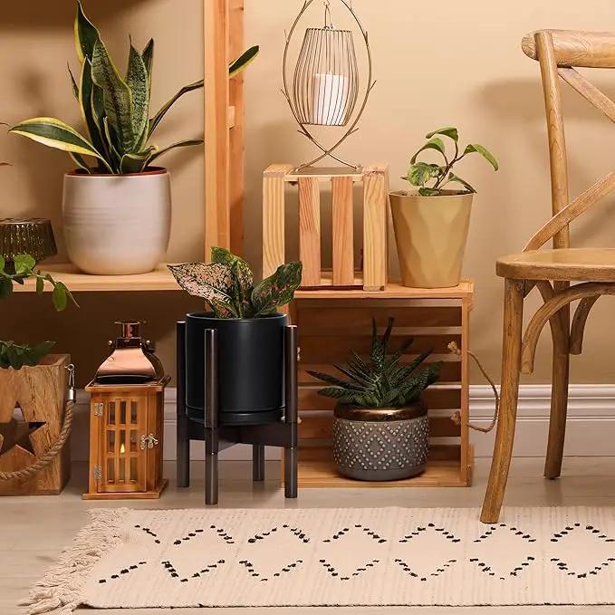 D'vine Dev Ceramic Planter with Walnut Color Stand - 8 Inch Modern Round Flower Pot with Wood Planter Holder, Black, 55-B-Y-2 by GreenHaven Gardens