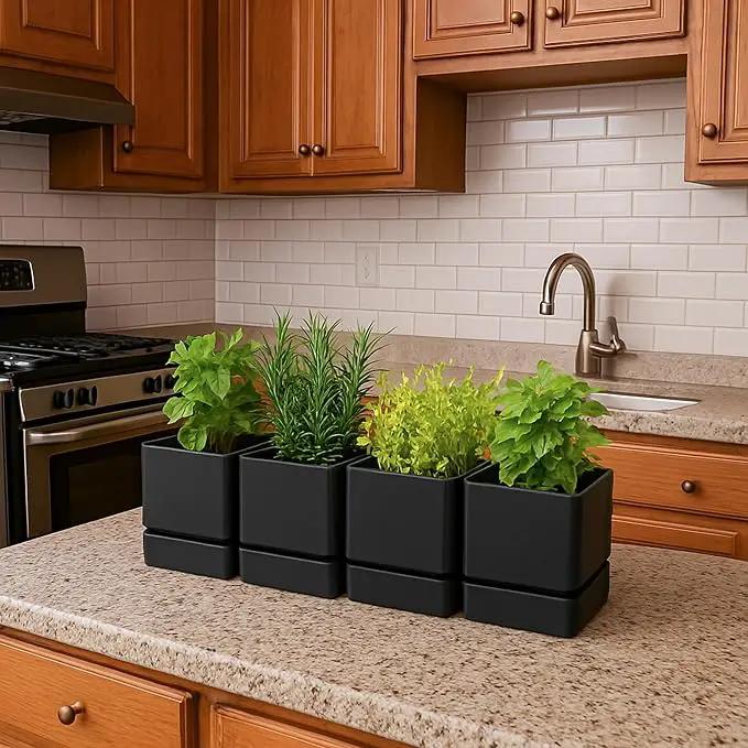 4 Inch Herb Planter Pot, Plastic Planter with Drainage Holes and Saucer, Modern Decorative Gardening Pot for Indoor Plants, Flowers, Herbs, Succulents, Black, Set of 4, 76-Y-B-4 by GreenHaven Gardens