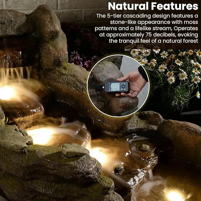 42 in Natural-Style Tier Garden Rock Water Fountain Outdoor, Floor-Standing Fountains That Feature Gentle Waterfall and LED Lights for Patio, Backyard, Deck, Porch, Home Décor by GreenHaven Gardens