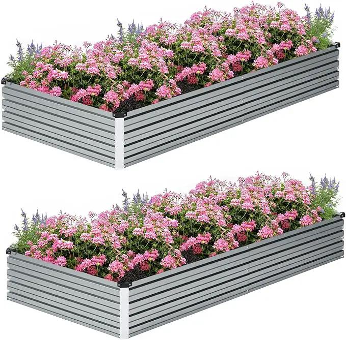 2 Pcs 8×2×1FT Galvanized Raised Garden Bed，Metal Planting Box for Outdoor Vegetable, Herb,Planter Gardening (Silver) by GreenHaven Gardens