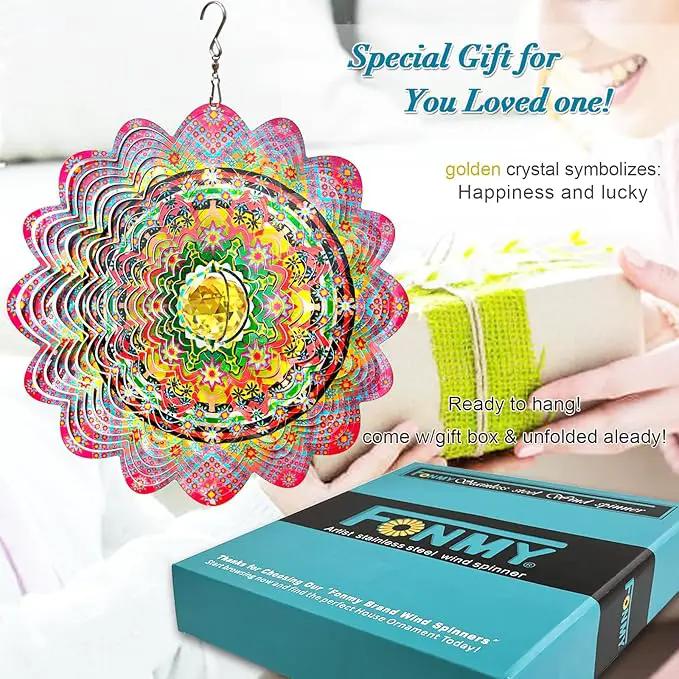 FONMY Mandala Wind Spinner w/Crystal Ball-Romatic Flower 3D Stainless Steel Hanging Spinners Worth Gift Christmas Decoration Indoor/Outdoor Garden Décor Kinetic Yard Art 12 Inches Wind Sculpture by GreenHaven Gardens