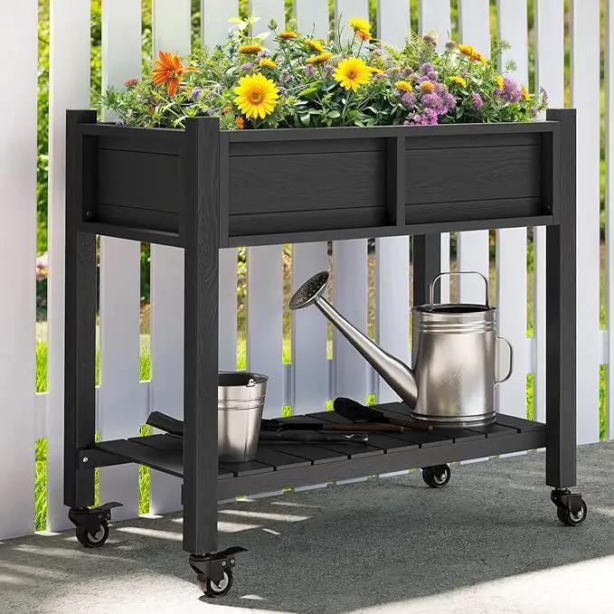 YITAHOME Raised Garden Bed, HIPS Poly Wood Elevated Planter Box with Shelf & Wheels for Mobility, Small Flower Box Stand for Patio Balcony Garden Backyard, Black by GreenHaven Gardens
