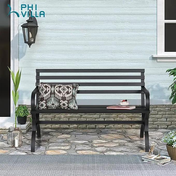 PHI VILLA Outdoor Garden Bench, 48” Long Metal Steel Bench with Backrest and Armrests, Modern Slatted Design for Patio, Lawn, Yard, Porch - Black by GreenHaven Gardens
