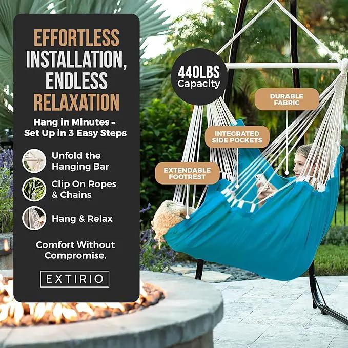 Hanging Hammock Chair Swing – Hanging Chair Outdoor & Indoor - Hammock Swing Chair – Quick & Easy Setup with Hardware Kit – Durable & Spacious Full Body Support – Holds 440 Lbs by GreenHaven Gardens