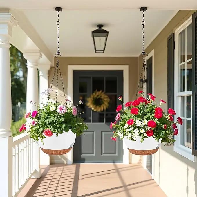2 Pack 12 Inch Large Hanging Planters with Chains Self Watering White Brown Plastic Hanging Pots for Indoor Outdoor Plants, Garden Porch Home Decor，White Brown by GreenHaven Gardens