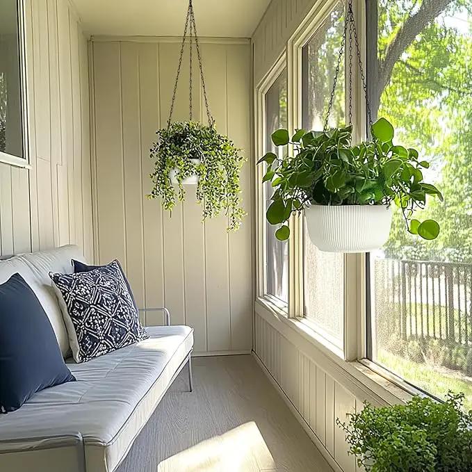 T4U Hanging Planter Self Watering 8 Inch, 2 Pack White Indoor Outdoor Hanging Plant pots, Hanging Flower Pot with Drainage Hole & Plug & Chain with 3 Hooks for Garden Home Decor by GreenHaven Gardens