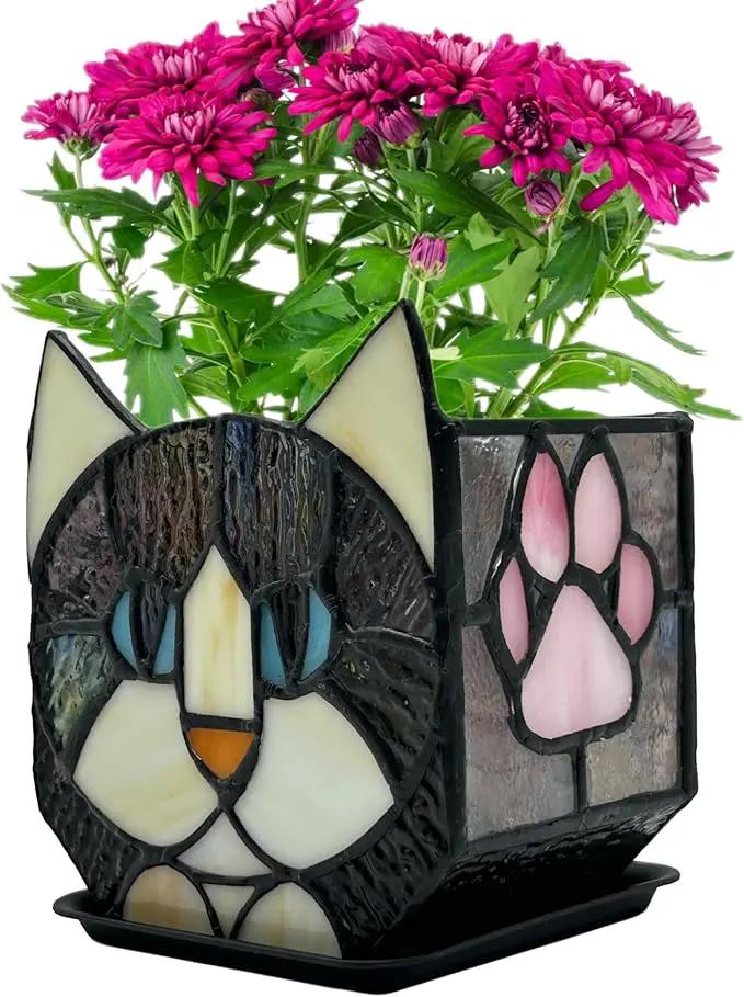 Stained Glass Black Cat Flower Pot,Succulent Pots with Drainage,Unique Black Cat Planter,Flower Pots for Indoor Plants,Glass Container Display Decoration,Cute Plant Gifts by GreenHaven Gardens