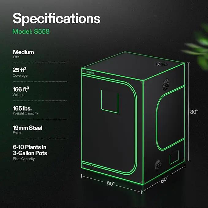 VIVOSUN S558 5x5 Grow Tent, 60"x60"x80" High Reflective Mylar with Observation Window and Floor Tray for Hydroponics Indoor Plant for VSF6450 by GreenHaven Gardens