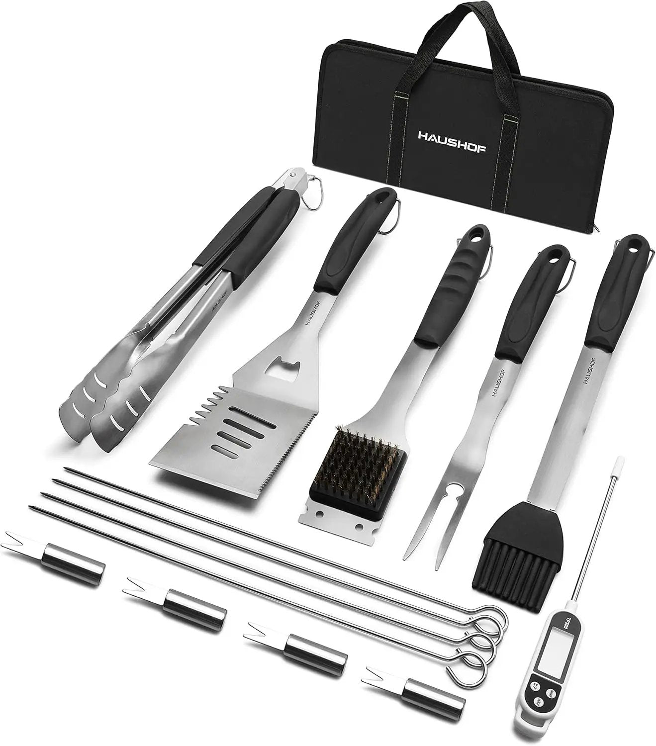 HAUSHOF Large Grilling Accessories, BBQ Grill Set, Heavy Duty Stainless Steel Barbecue Utensils with 16-1/2" Spatula, Brush, Fork, Tongs, Skewers, Thermometer, Bag, Ideal Gift, 15PCS by GreenHaven Gardens