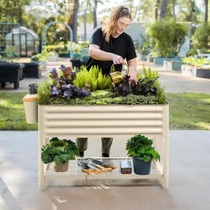 Elevated Raised Garden Bed-V Series, 2' x 4' Garden Beds with Legs & Storage Rack for Patio Porch, 700 Lbs Weight Capacity, Outdoor Planter Boxes for Gardening Herbs Vegetables Flowers, Pearl White by GreenHaven Gardens