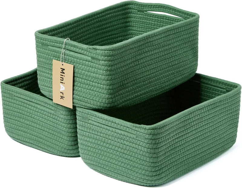 Small Storage Baskets for Organizing | Closet Organizer Bins | Shelf Toy Basket | Woven Rope Baskets | Cube Decorative Box | Shallow Basket | 13x8.5x5.1” | 3 Packs Green by GreenHaven Gardens