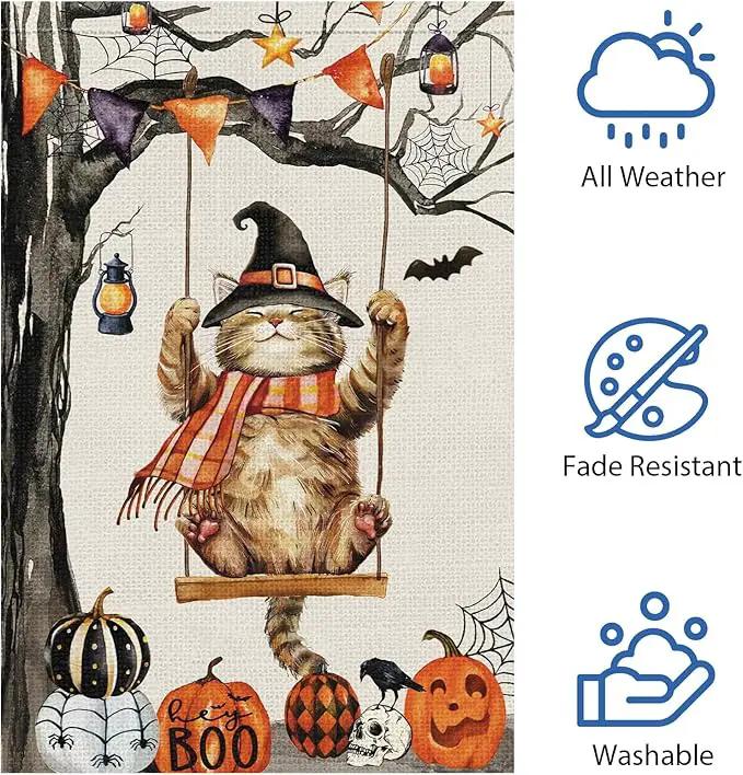 Heyfibro Halloween Cute Cat Swing Garden Flags 12 x 18 Inch Vertical Double Sided Burlap, Pumpkin Skull Bat Yard Flag for Seasonal Fall Thanksgiving Farmhouse Decoration(ONLY FLAG) by GreenHaven Gardens