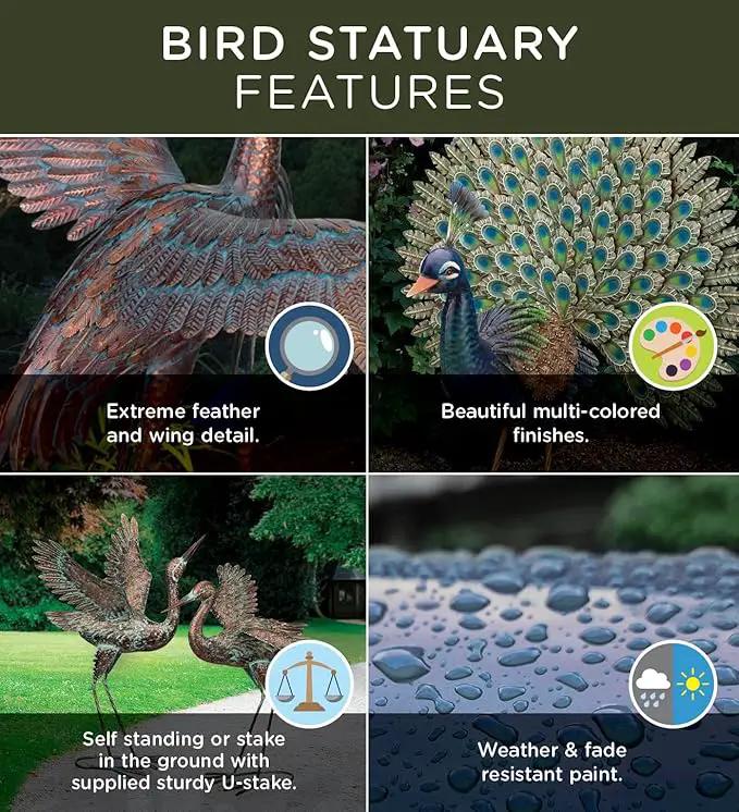 Regal Art & Gift Outdoor Garden Décor, Unique Bird Sculpture, Rustic Metal Bird Statues, Garden Ornaments, Bird Figurine for Lawn, Decorative Sculpture, Crane, Bronze/Green, Back Preening, 38"height by GreenHaven Gardens