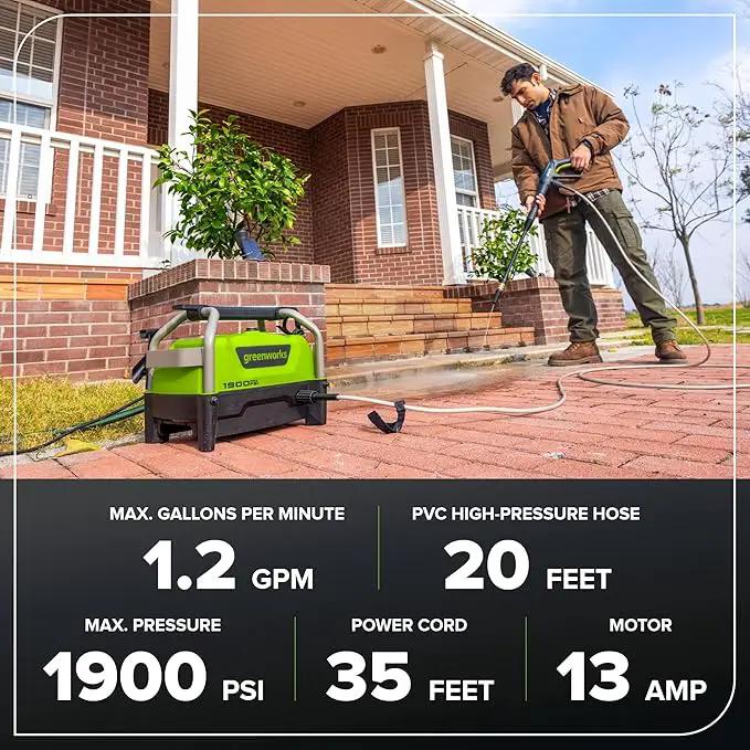 Greenworks 1900 PSI (SGS Certified) 1.2 GPM 13Amp Portable Compact Electric Pressure Washer, Power Washer for Cars, Driveways, Patios, Patio Furniture & Around Pools by GreenHaven Gardens
