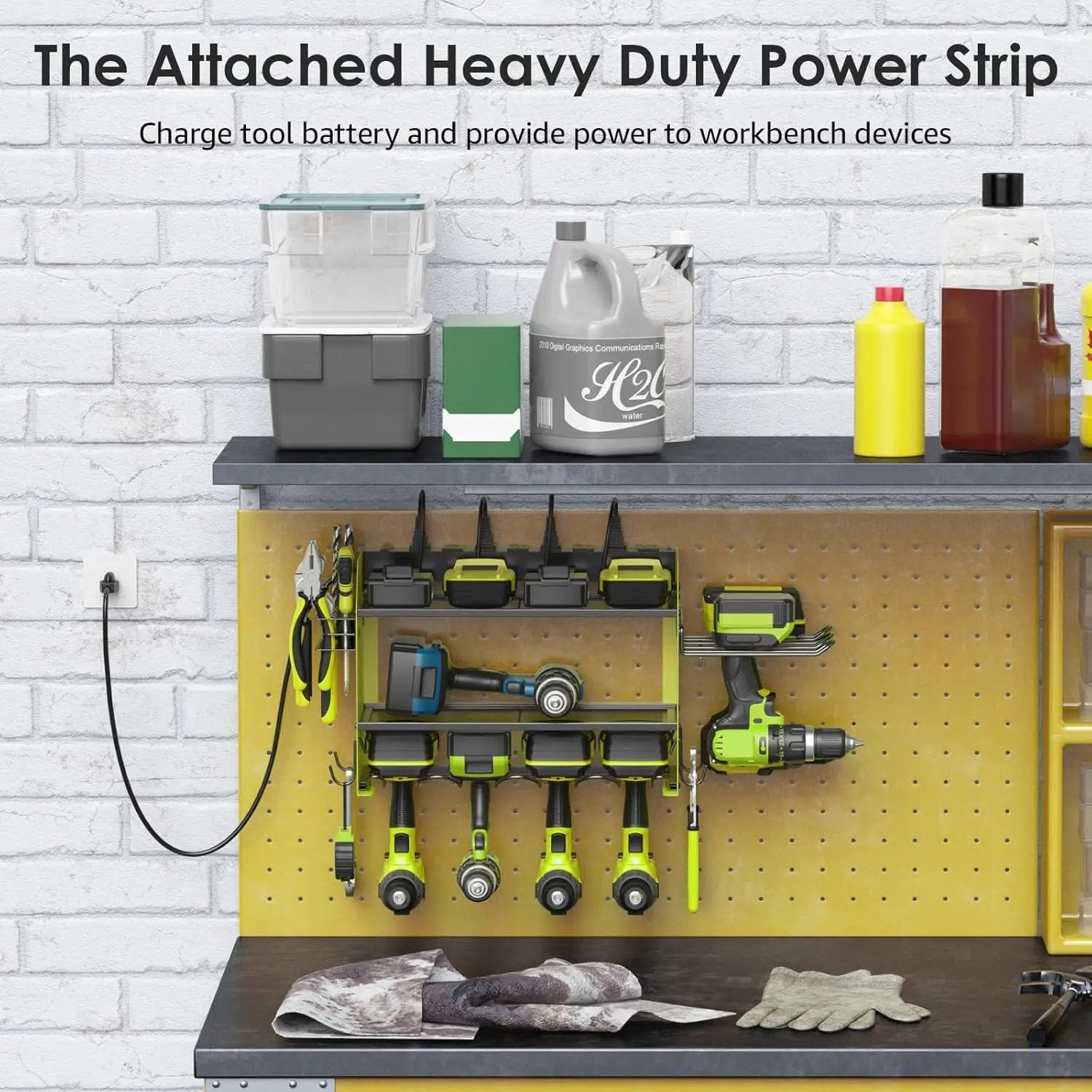CCCEI Modular Power Tool Organizer Wall Mount Charging Station, Green 6 Drills Holder with 8 Plug Power Strip 6FT, Garage Drill Battery Heavy Duty Metal Shelf, Utility Rack with Hooks, Side Storage. by GreenHaven Gardens