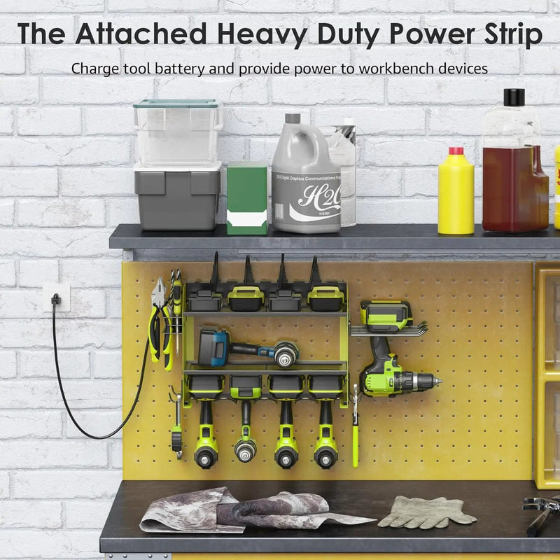 CCCEI Modular Power Tool Organizer Wall Mount Charging Station, Green 6 Drills Holder with 8 Plug Power Strip 10FT, Garage Drill Battery Heavy Duty Metal Shelf, Utility Rack with Hooks, Side Storage. by GreenHaven Gardens