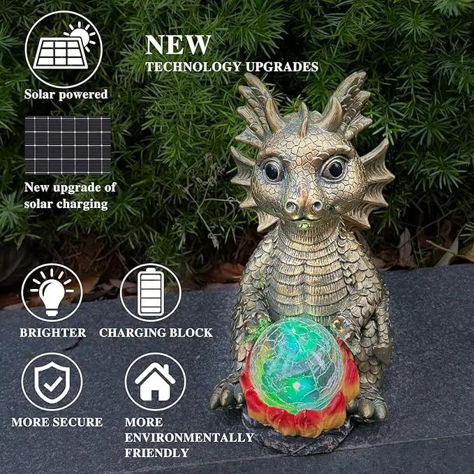 Solar Garden Statue Dragon Figurine with 7-Color Changing Solar Crackle Globe Lights- Loving Dragon for Patio,Balcony,Yard, Lawn-Unique Idea Gifts (Grey) by GreenHaven Gardens