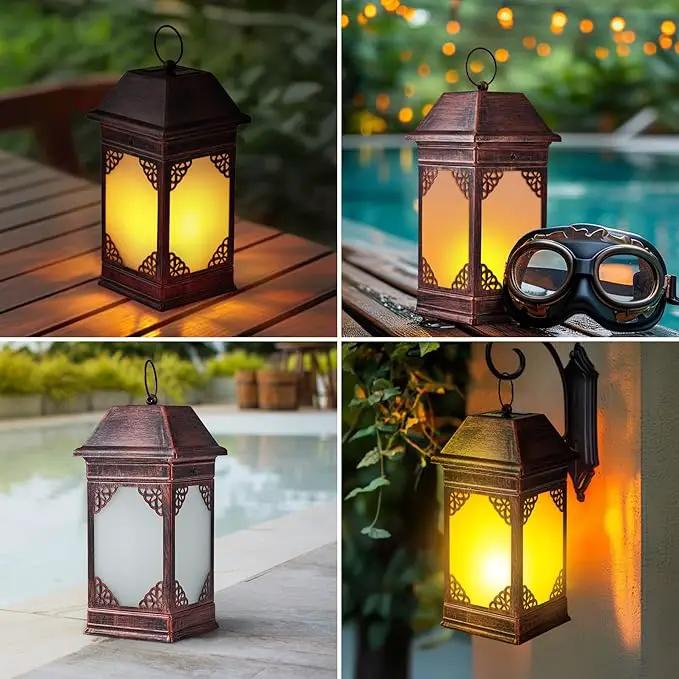 14" Solar Lanterns Outdoor Waterproof, Glass Flickering Flame Solar Lantern, Hanging Metal Lantern Decorative for Patio Front Porch Garden Backyard Tabletop Party Decoration by GreenHaven Gardens
