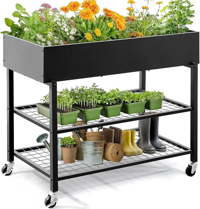 KING BIRD Raised Garden Bed with Legs & Double-Layer Storage Shelf, Galvanized Elevated Planter Box with Lockable Wheels for Backyard, Patio, Balcony, 400lb Capacity, Black, 48x24x38 in by GreenHaven Gardens