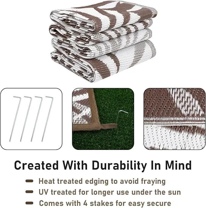 Outdoor Rug Waterproof for Patios Clearance, Reversible Outdoor Plastic Straw Rug Camping Carpet, Outside Floor Mats Large Area Rugs for RV,Patio,Deck,Porch,Beach,Balcony，10'x8',Brown&White by GreenHaven Gardens
