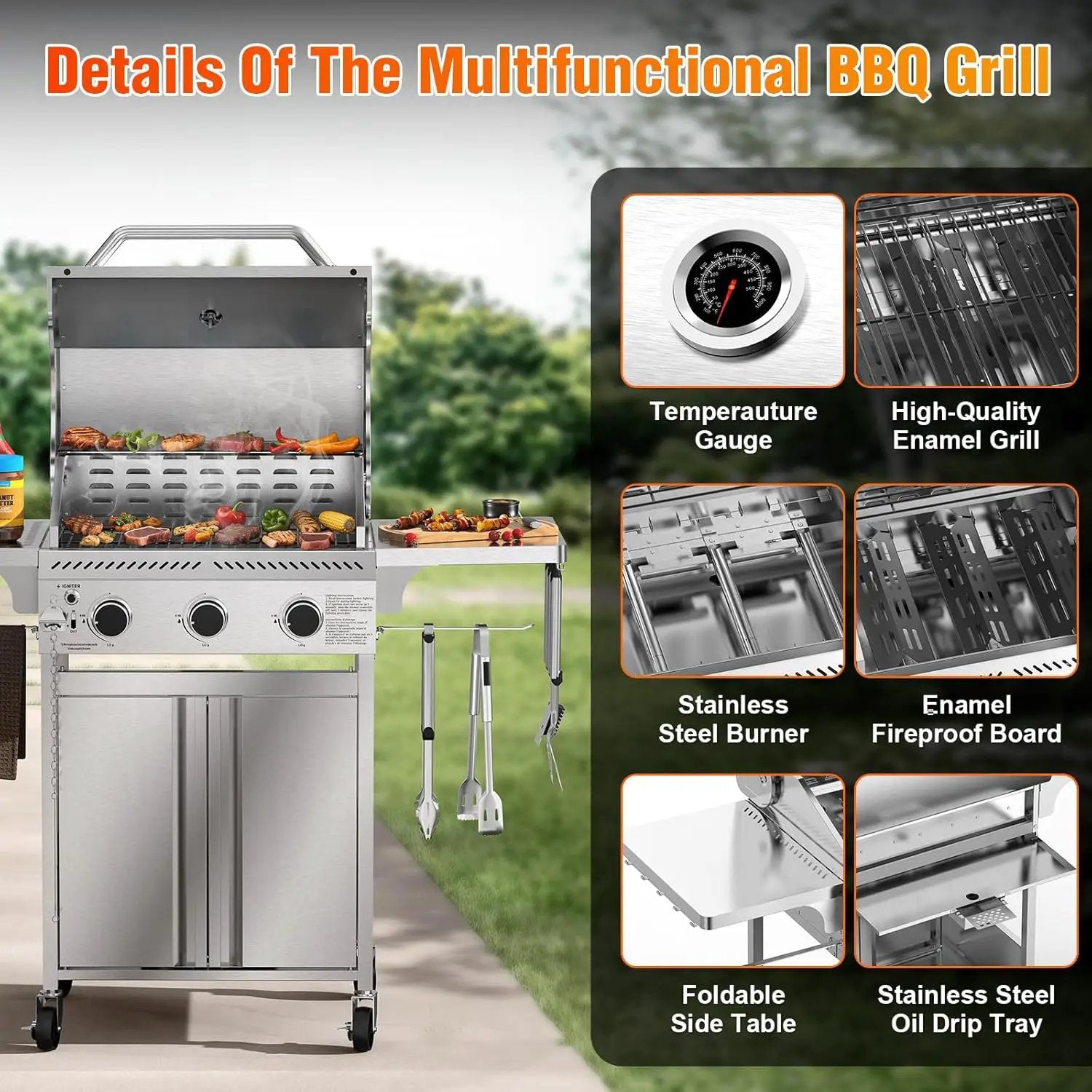 3-Burner Gas Grill with Folding Side Tables,Stainless Steel 24,000 BTU BBQ Grill,Outdoor Propane Grill for Barbecue,Patio,Camping by GreenHaven Gardens