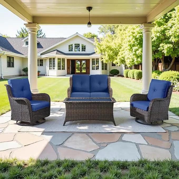 8 Piece Outdoor Patio Furniture Set - 41" CSA Propane Fire Pit Table Patio Conversation Set with Swivel Rocker Outdoor Chairs, Wicker loveseat and Ottoman for Outside Casual Gathering by GreenHaven Gardens