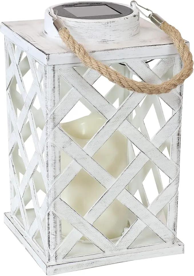 Sunnydaze Modern Crosshatch 9-Inch Solar LED Decorative Candle Lantern - Tabletop/Hanging Light - Set of 2 - White by GreenHaven Gardens