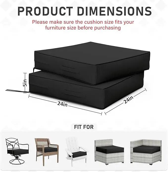 Patio Chair Cushions 24 X 24 X 5 Inch Waterproof Outdoor Seat Cushions for Patio Furniture, Outdoor Sofa Couch Pads with Ties & Handle, Set of 2, Black by GreenHaven Gardens