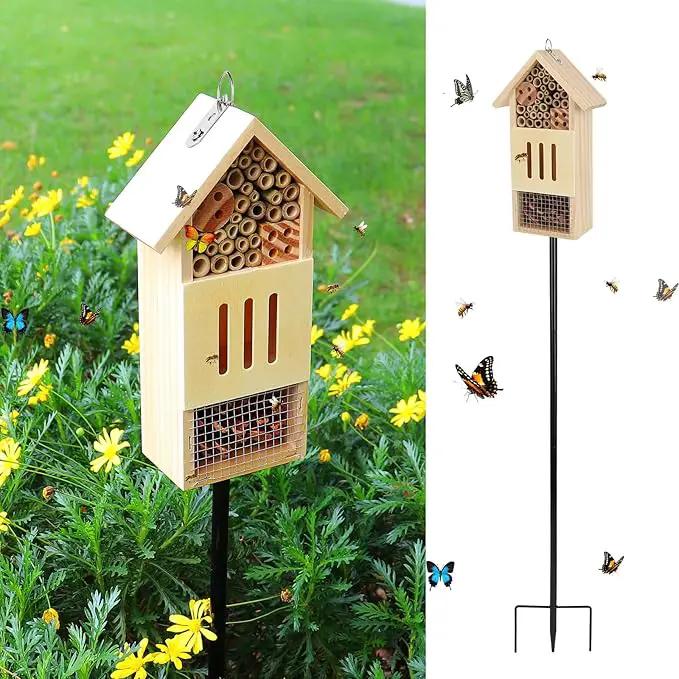 Wooden Insect House, Bee House with Metal Stake for Gardens, Insect Hotel & Butterfly Hotel on The Ground or Hanging on Tree Wall, Natural Insect Habitat for Bee, Butterfly, Ladybirds, Bugs by GreenHaven Gardens
