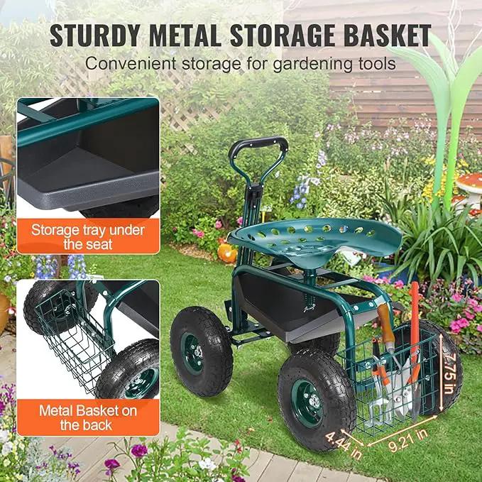 VEVOR Garden Cart Rolling Workseat with Wheels, Gardening Stool for Planting, 360 Degree Swivel Seat, Wagon Scooter with Steering Handle & Utility Tool Tray, Use for Patio, Yard, and Outdoors, Green by GreenHaven Gardens