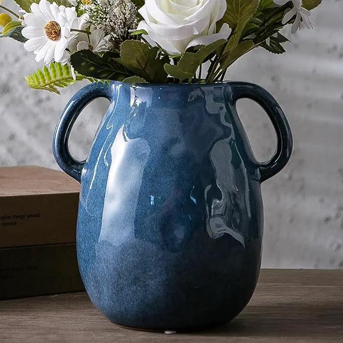 Blue Ceramic Vase with 2 Handles - Modern Farmhouse Rustic Terracotta Decorative Clay Boho Vase for Pampas Grass and Home Decor by GreenHaven Gardens