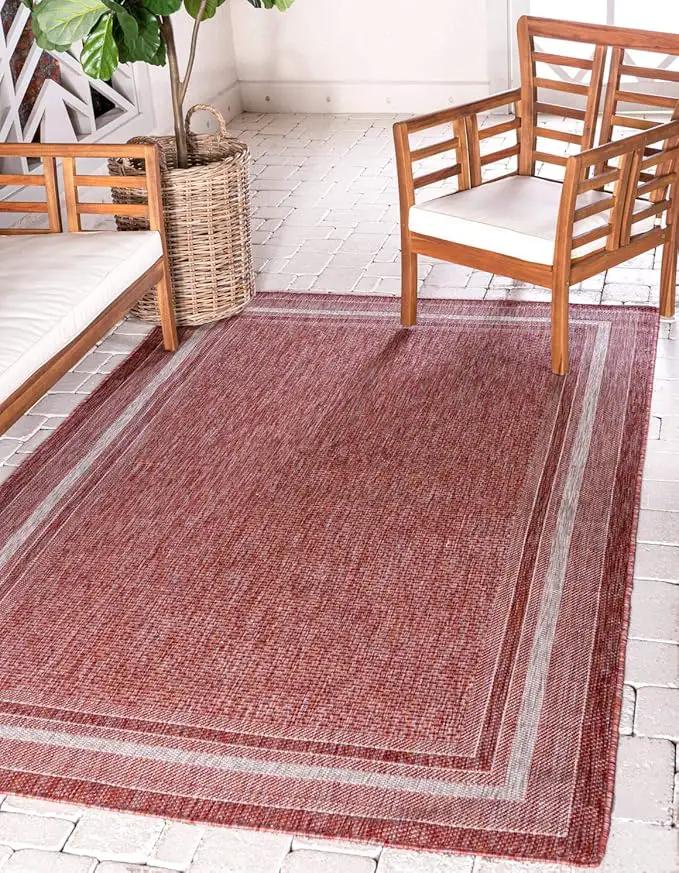 Unique Loom Outdoor Border Collection Area Rug - Soft Border (5' 3" x 8' Rectangle, Rust Red/ Ivory) by GreenHaven Gardens