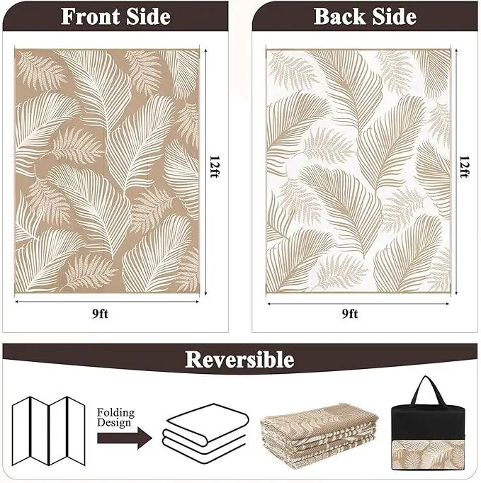 Pauwer Waterproof Outdoor Rug 9x12, Reversible Plastic Straw Patio Camping Rug, Indoor Outdoor RV Mat Carpet for Deck, Camper, Porch, Balcony, Backyard, Picnic, Leaf Brown by GreenHaven Gardens
