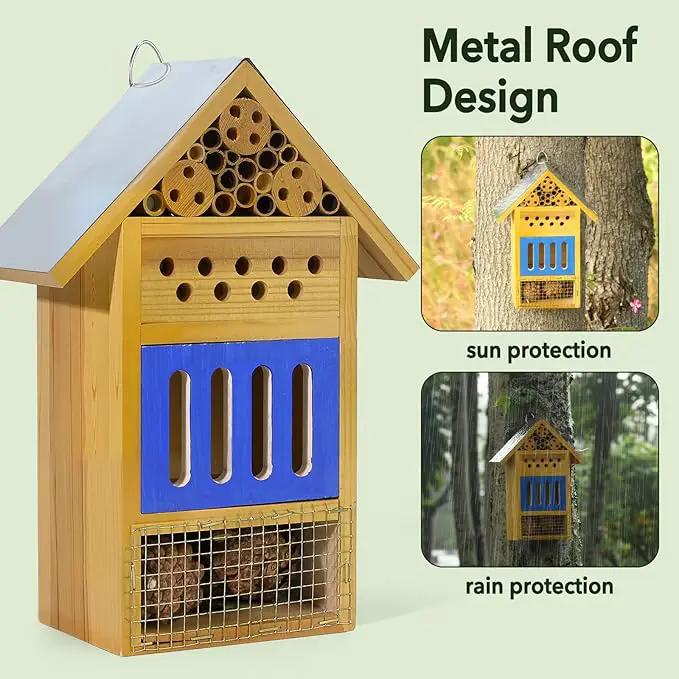 Wooden Butterfly House & Bee House for The Garden, Durable Bug Hotel W/Wooden Stake and Iron Roof, Insect Habitat On The Ground Or Hanging On The Tree, for Butterfly, Bee, Ladybug, Bug by GreenHaven Gardens