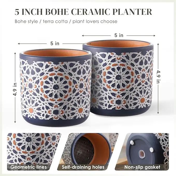 Ceramic Flower Pots for Indoor Plants Set of 2, 5 Inch Boho Plant Pot with Drainage Holes,Modern Planter for Decora Succulents/Snake Plant/Orchid/Peace Lily/House Plants,Terracotta by GreenHaven Gardens