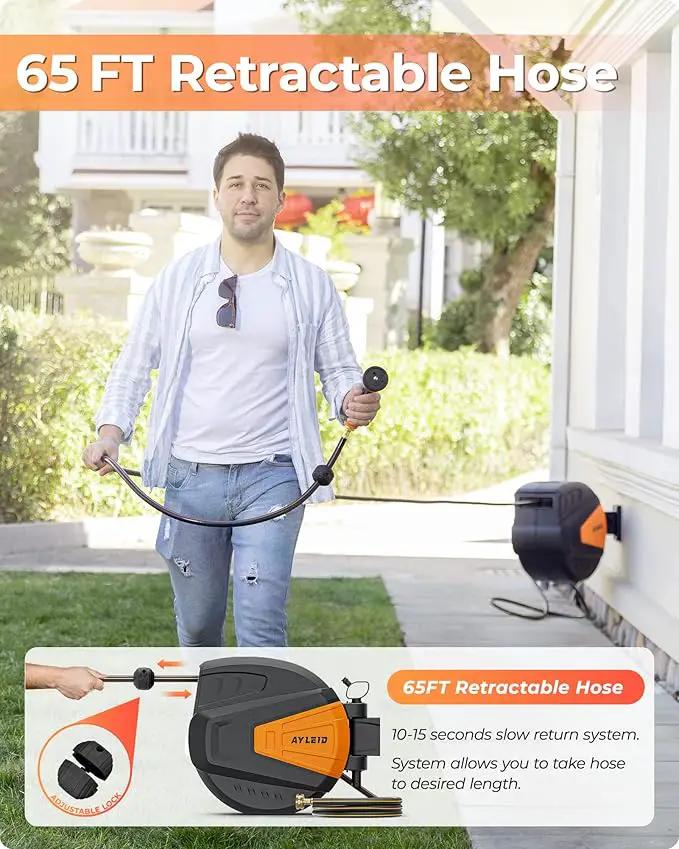 Ayleid Retractable Garden Hose Reel,1/2 in x 65 ft Wall Mounted Hose Reel, with 9- Function Sprayer Nozzle, Any Length Lock/Slow Return System/Wall Mounted/180°Swivel Bracket (Black) by GreenHaven Gardens