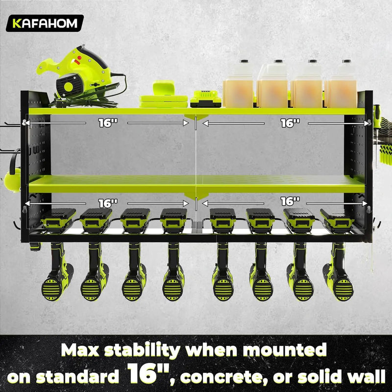 KAFAHOM Power Tool Organizer with Charging Station, Built in 8 Outlet Power Strip,Large 8 Drill Holder Wall Mount, Heavy Duty Metal Power Tool Storage Rack Tool Shelf for Garage Organization by GreenHaven Gardens