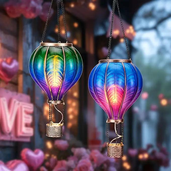 TERESA'S COLLECTIONS 2 Pack Hanging Solar Lantern Outdoor Garden Decor for Valentine ,Waterproof Plastic Hot Air Balloon Green Flickering Flame Effect Lantern for Yard Tree ,18" by GreenHaven Gardens