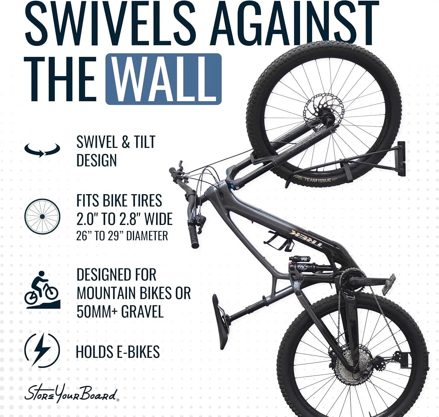 StoreYourBoard SwivelStow Mountain Bike Storage Rack 4 Pack – Heavy Duty Bike Hanger, No-Lift Bike Wall Mount for Garage Bike Storage, MTB and E-Bike, Holds 70 lbs, Patent-Pending by GreenHaven Gardens