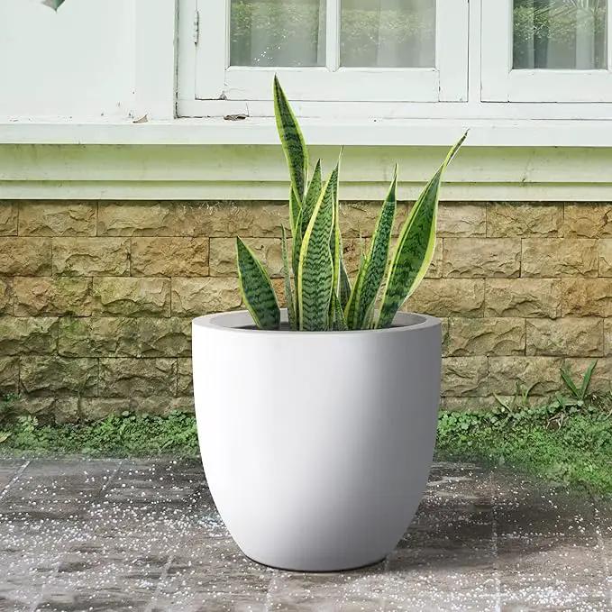 Kante 18 Inch Dia Round Concrete Planter, Indoor Outdoor Large Plant Pot with Drainage Hole and Rubber Plug for Home Patio Garden, Pure White by GreenHaven Gardens
