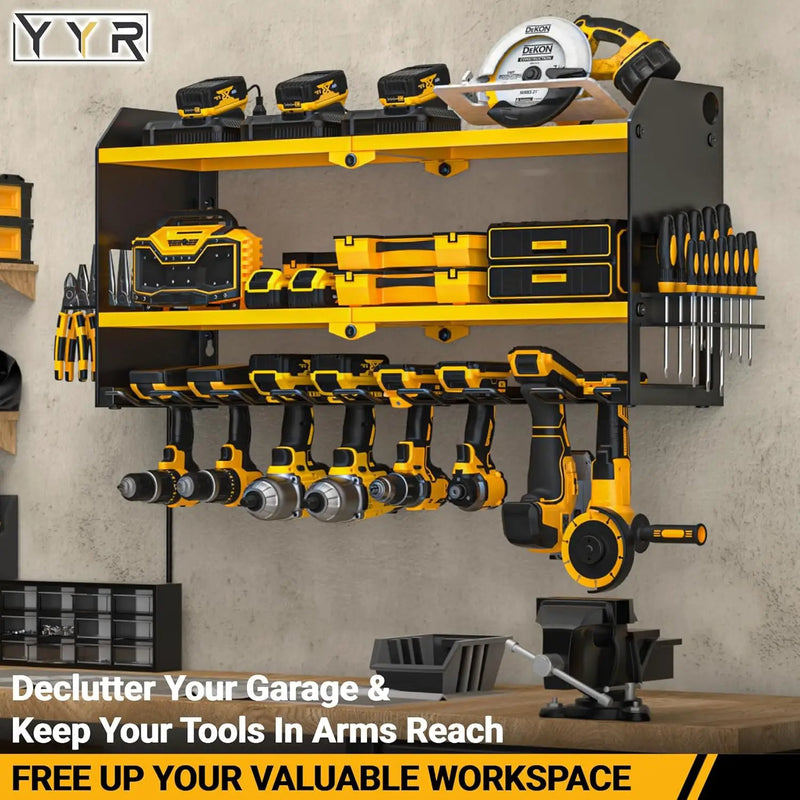 YYR Power Tool Organizer with Charging Station Wall Mount, Cordless Drill and Battery Holder for Garage Organization, Electric Tools Storage Rack Build in Surge Protection Power Strip - Yellow Shelf by GreenHaven Gardens
