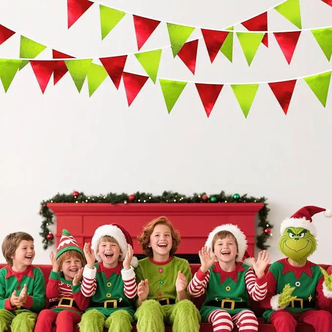 Red and Green Metallic Fabric Triangle Pennant Banner Flag Bunting Garland for Merry Grinchmas Birthday Baby Shower Bachelorette Xmas Holiday Christmas Holiday New Year Party Decorations Supplies by GreenHaven Gardens