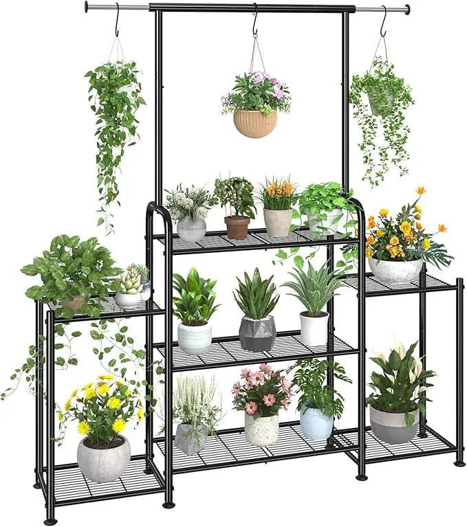Simple Trending Plant Stand Indoor Outdoor, Metal 3 Tier Tall Hanging Plant Shelf for Multiple Flower Planter Large Heavy Duty Ladder Plant Holder for Garden, Black by GreenHaven Gardens