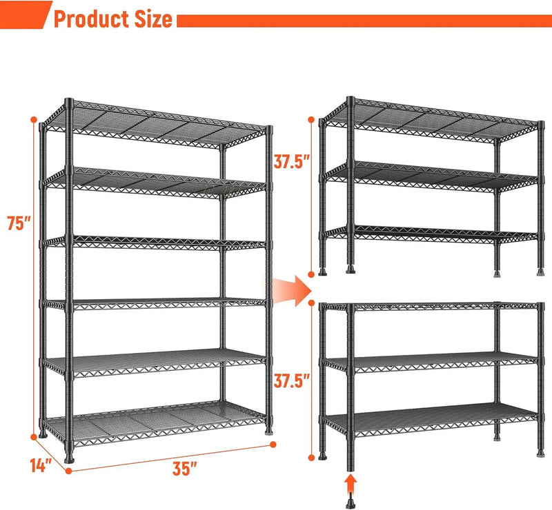 REIBII 75" H Metal Shelving 6 Tier Storage Shelf Adjustable Kitchen Shelf Wire Shelving Unit Detachable Storage Rack for Kitchen Laundry Living Room Commercial Heavy Duty Metal Shelf 75" X35" X14" by GreenHaven Gardens