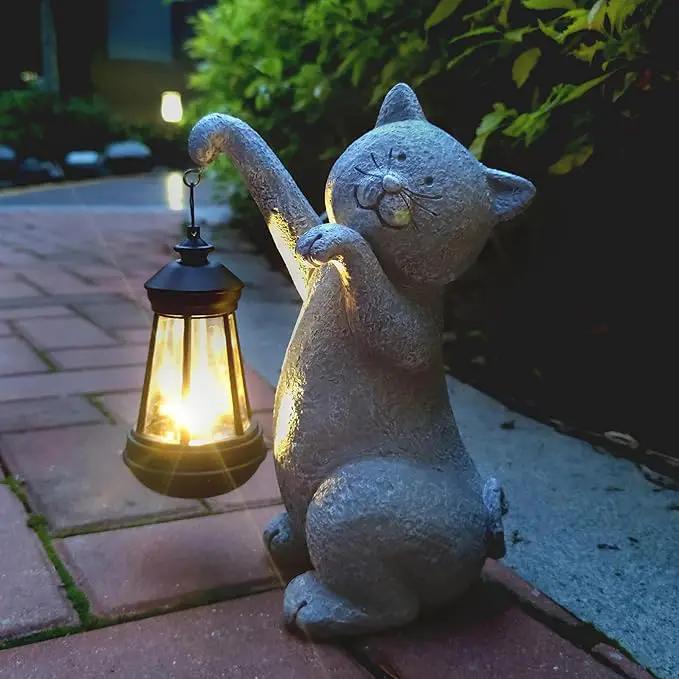 Cat Solar Garden Statues,Resin Cat Figurine Decorations with Solar Lights Lantern, Outdoor，Statue Decor Art for Lawn,Yard,Unique Housewarming Gift for Garden Home by GreenHaven Gardens