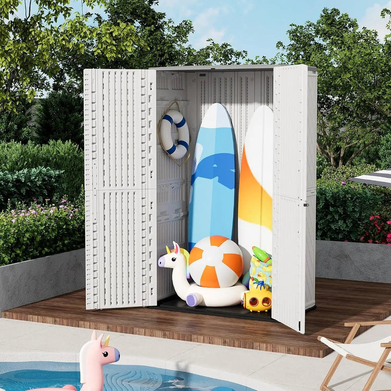 ZZM Resin Outdoor Storage Shed, 67 Cu.ft Vertical Resin Tool 4x6 FT Cabinet w/o Shelf for Garden, Patio, Backyard, All-Weather Outdoor Plastic Storage Clearance, Lockable with Floor (Light-White) by GreenHaven Gardens