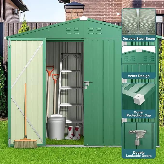 Gizoon Outdoor Storage Shed 8 x 6 FT, Galvanized Metal Garden Shed with Double Lockable Doors, Outdoor Storage Clearance for Backyard Patio Lawn-Green by GreenHaven Gardens