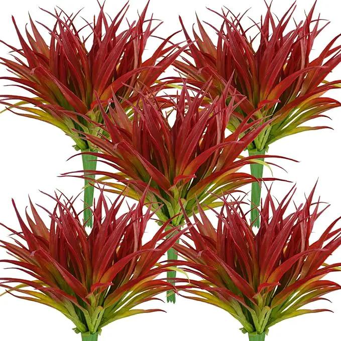 32Pcs Artificial Grass Fake Plants 17.3in Outdoor Plants UV Resistant Greenery Stems Fake Grass for Home Window Garden Office Patio Pathway Front Porch Décor Light Green & Red by GreenHaven Gardens