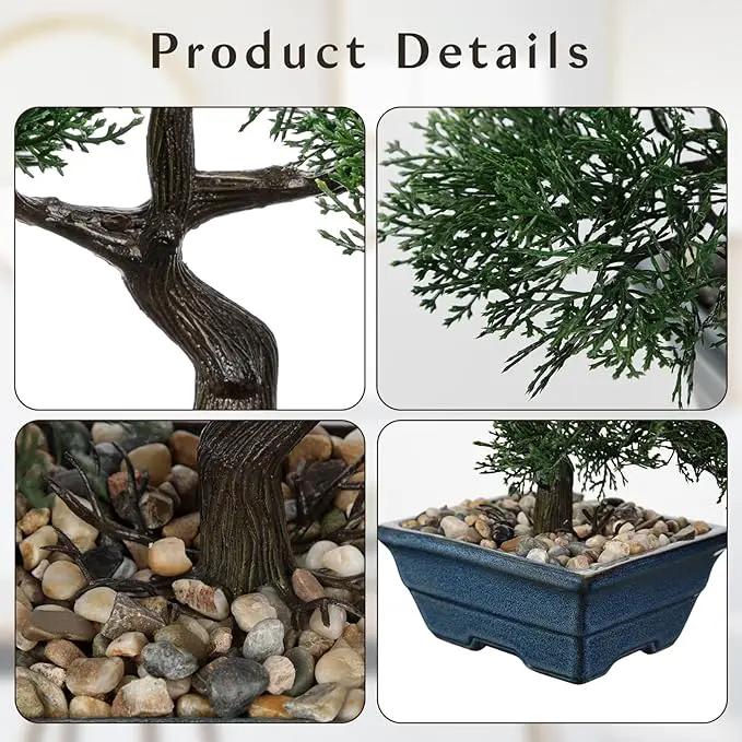 Artificial Bonsai Tree Juniper Faux Plants Indoor Fake Plants Decor with Blue Ceramic Pots for Home Table Office Desk Bathroom Shelf Bedroom Living Room Farmhouse Decorations-Pine by GreenHaven Gardens