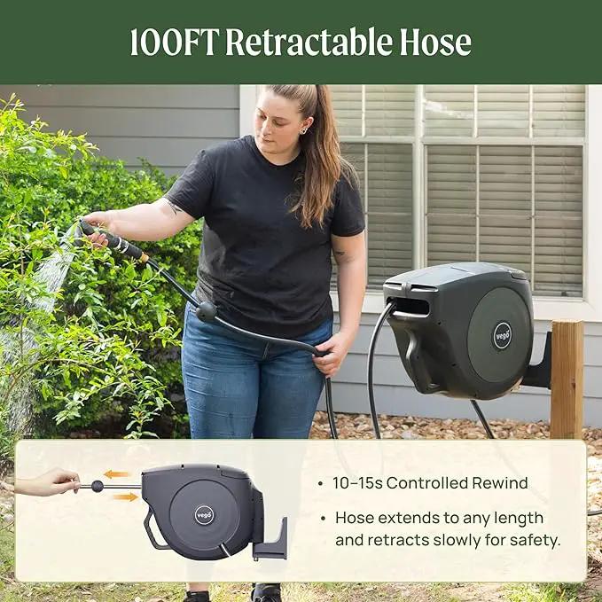 Vego Garden Hose Reel Retractable Hi-Flow x 100ft Wall Mounted Hose Reel Automatic Rewind, Any Length Lock with 9 Patterns Sprayer Nozzle, Quick Connector and Adjustable shot Nozzle-Cloud White by GreenHaven Gardens